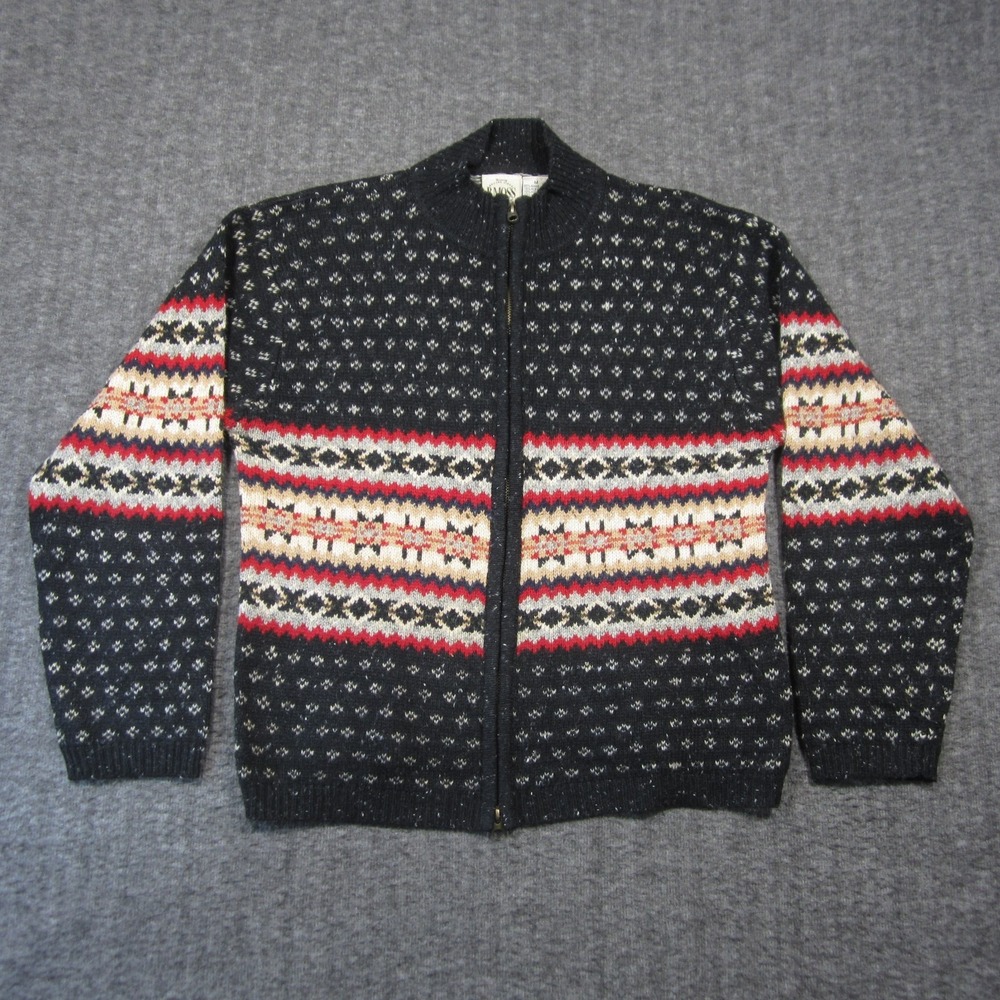 Vtg B Moss Nordic Cardigan M Black Red Wool Fair Isle Full Zip Winter Hygge 90s